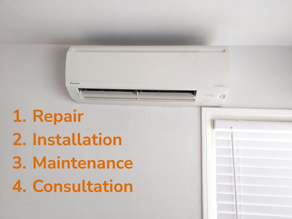 MIni split ac with text on the wall Accord Air Services for Mini-Split - installation, repair, maintenance.